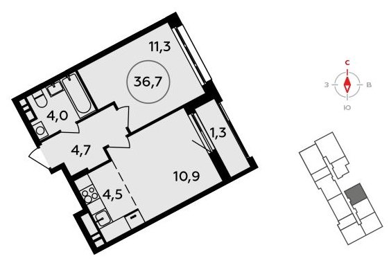 2-комнатная квартира (евро) без отделки, 36.7 м2, 13 этаж, сдача 3 квартал 2023 г., ЖК Прокшино, корпус 4.3 - объявление 1498182 - фото №1