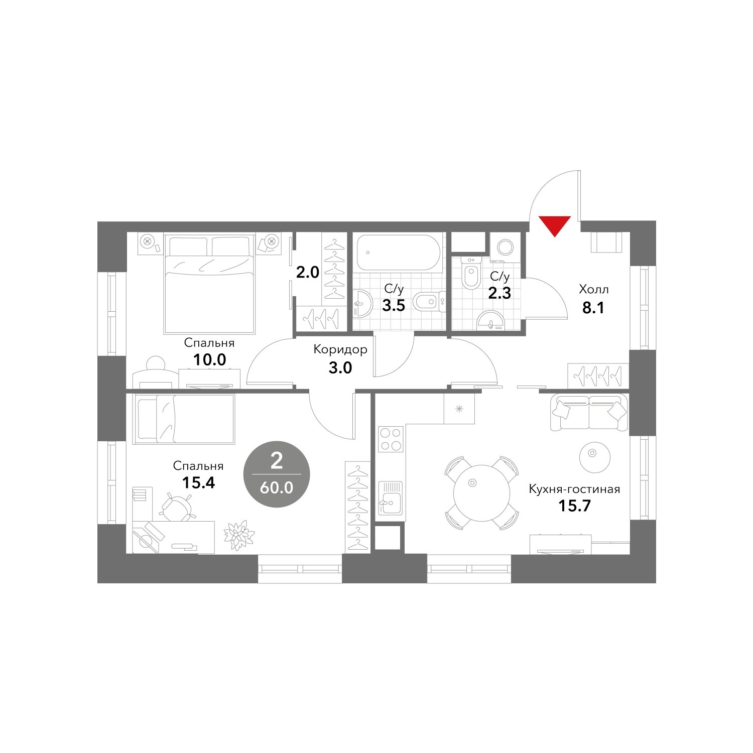 2-комнатные апартаменты без отделки, 60 м2, 12 этаж, сдача 3 квартал 2025 г., ЖК VOXHALL, корпус 4 - объявление 1981759 - фото №1
