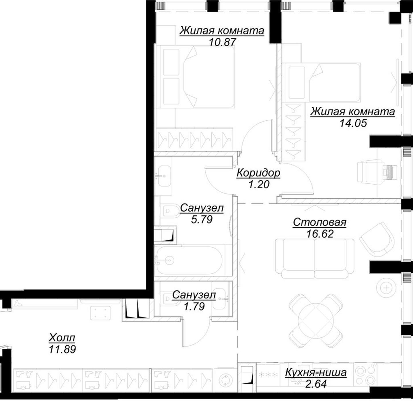 2-комнатная квартира с частичной отделкой, 65.64 м2, 32 этаж, сдача 4 квартал 2024 г., ЖК MOD, корпус Camus - объявление 2212615 - фото №1