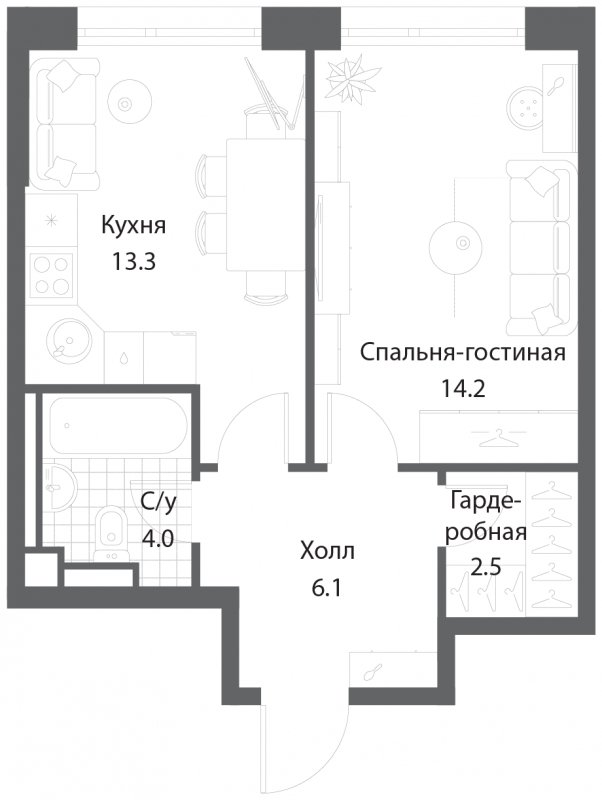 1-комнатная квартира без отделки, 40.1 м2, 6 этаж, сдача 3 квартал 2025 г., ЖК Nagatino i-Land, корпус 2 (3 очередь) - объявление 1786768 - фото №1