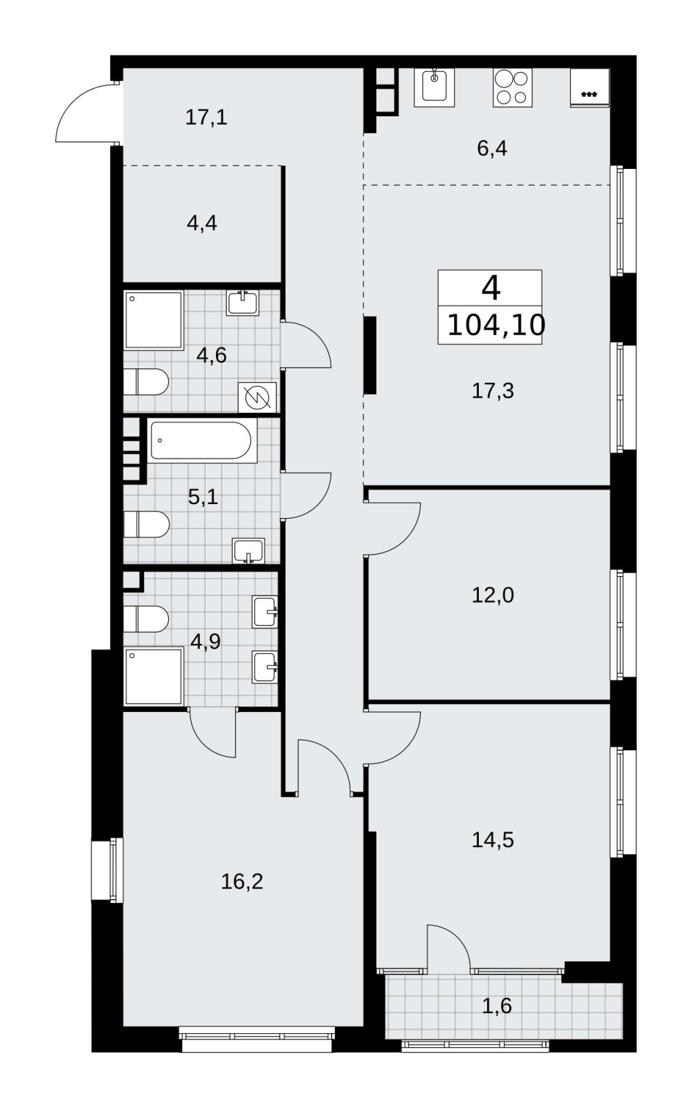 4-комнатная квартира (евро) с частичной отделкой, 104.1 м2, 3 этаж, сдача 1 квартал 2026 г., ЖК Дом на Зорге, корпус 25 - объявление 2221167 - фото №1