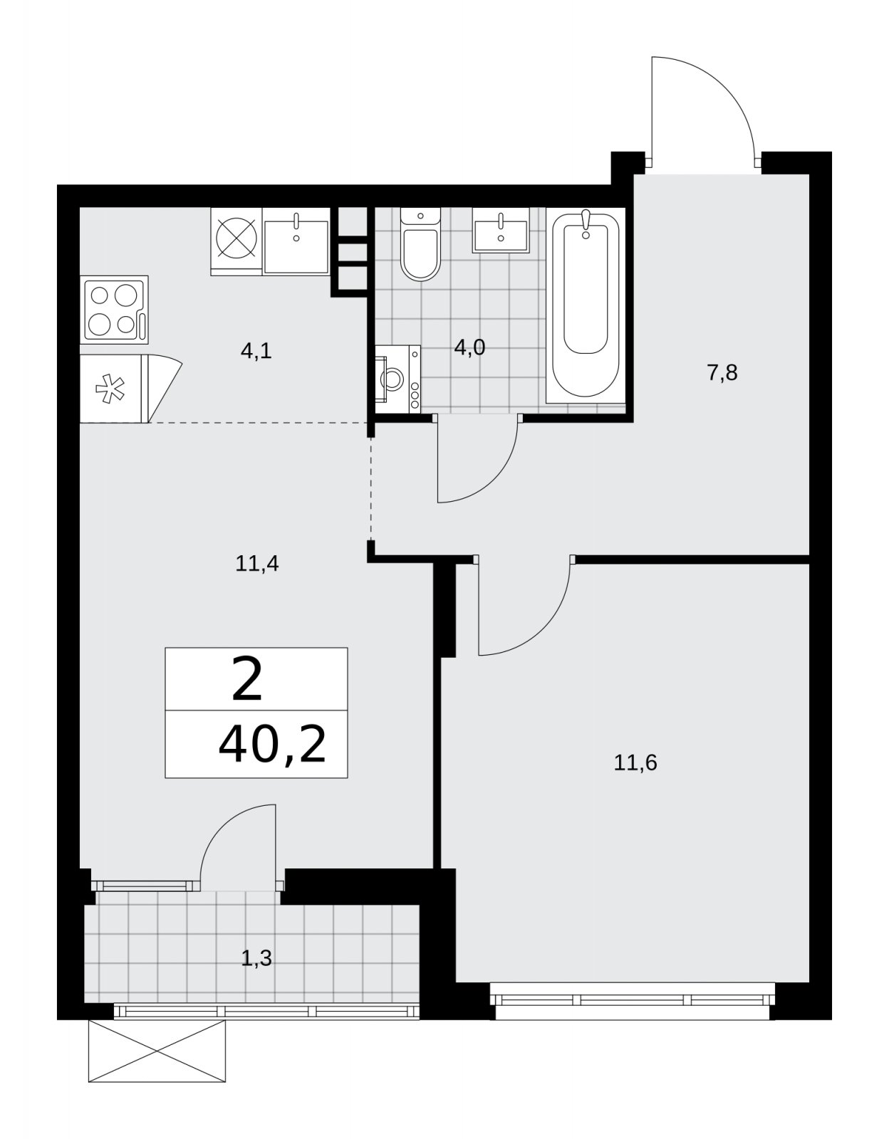 2-комнатная квартира (евро) без отделки, 40.2 м2, 11 этаж, сдача 1 квартал 2026 г., ЖК Деснаречье, корпус 4.1 - объявление 2263492 - фото №1