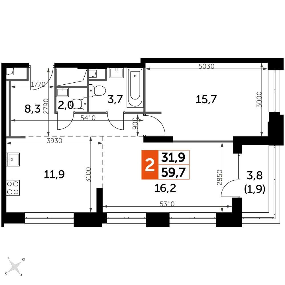 2-комнатная квартира с частичной отделкой, 59.7 м2, 11 этаж, дом сдан, ЖК Sydney City, корпус 2 - объявление 2238389 - фото №1