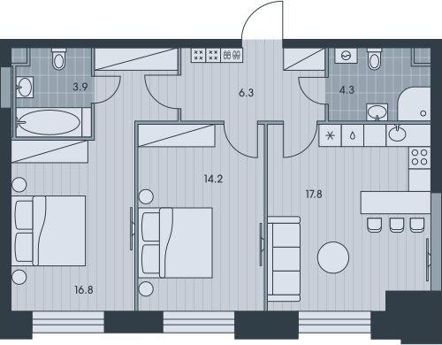 3-комнатная квартира без отделки, 63.3 м2, 12 этаж, сдача 3 квартал 2025 г., ЖК EVER, корпус 4 - объявление 2391808 - фото №1