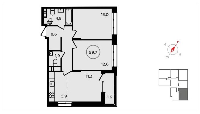 3-комнатная квартира (евро) без отделки, 59.7 м2, 11 этаж, сдача 3 квартал 2024 г., ЖК Скандинавия, корпус 2.22.2 - объявление 1625522 - фото №1