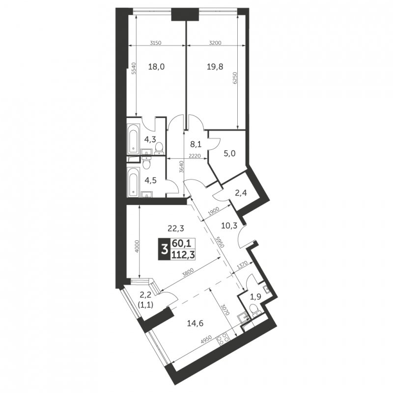 3-комнатная квартира с частичной отделкой, 112.3 м2, 3 этаж, сдача 4 квартал 2023 г., ЖК Архитектор, корпус 3 - объявление 1566132 - фото №1