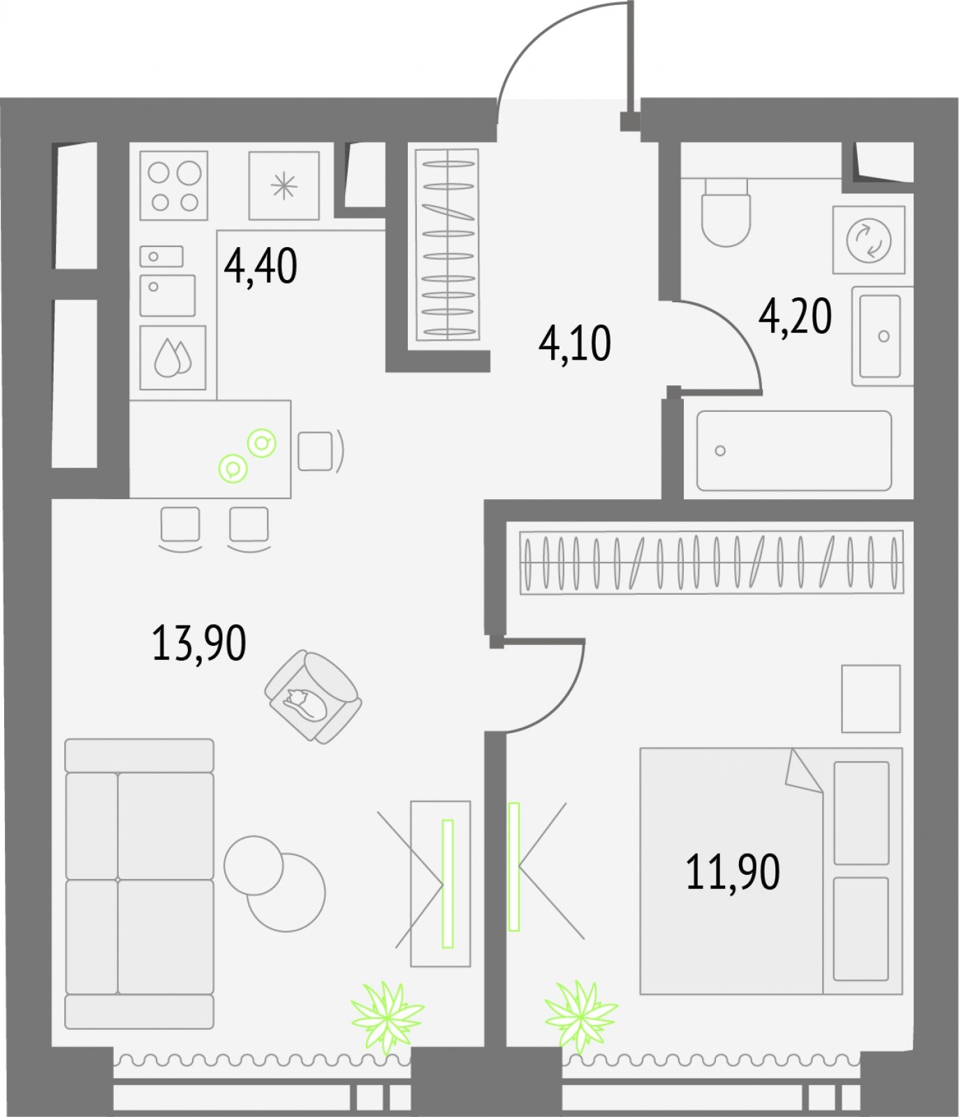 1-комнатная квартира без отделки, 38.5 м2, 41 этаж, сдача 2 квартал 2026 г., ЖК Upside Towers, корпус 1 - объявление 2255984 - фото №1