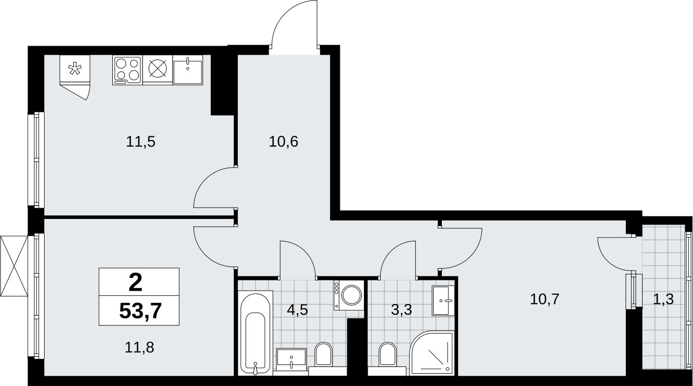 2-комнатная квартира без отделки, 53.7 м2, 13 этаж, сдача 2 квартал 2026 г., ЖК Бунинские кварталы, корпус 9.1 - объявление 2323615 - фото №1