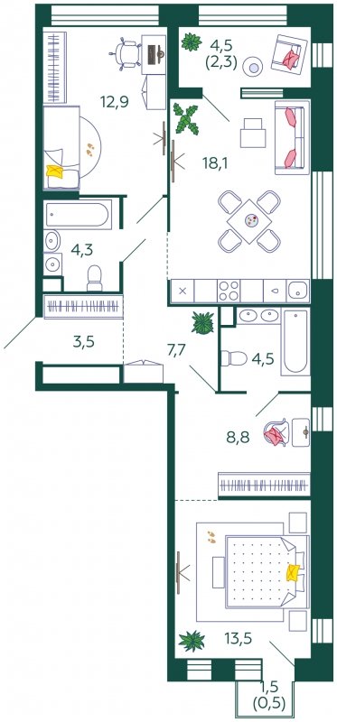 2-комнатная квартира без отделки, 76.1 м2, 3 этаж, сдача 4 квартал 2024 г., ЖК SHAGAL, корпус 2.6 - объявление 1785231 - фото №1
