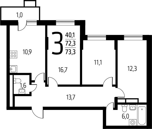 3-комнатная квартира с полной отделкой, 73.3 м2, 2 этаж, сдача 1 квартал 2025 г., ЖК Новые Ватутинки. Заречный, корпус 5/2 - объявление 2271945 - фото №1