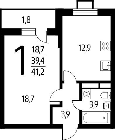 1-комнатная квартира с полной отделкой, 41.2 м2, 5 этаж, сдача 1 квартал 2025 г., ЖК Новые Ватутинки. Заречный, корпус 5/3 - объявление 2271786 - фото №1