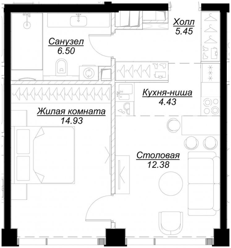 1-комнатная квартира с частичной отделкой, 43.61 м2, 37 этаж, сдача 4 квартал 2024 г., ЖК MOD, корпус Mod.M - объявление 1788300 - фото №1