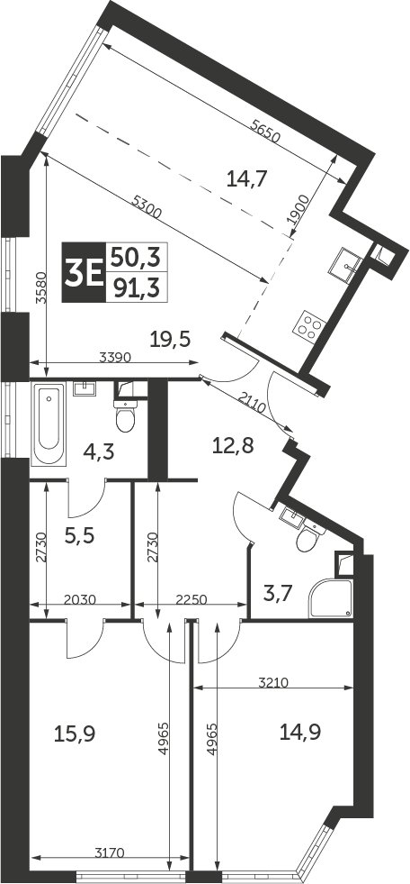 3-комнатная квартира с частичной отделкой, 91.3 м2, 33 этаж, дом сдан, ЖК Архитектор, корпус 1 - объявление 2235276 - фото №1