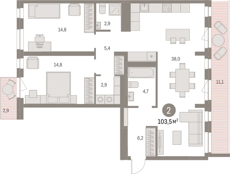 2-комнатная квартира с частичной отделкой, 103.51 м2, 6 этаж, сдача 1 квартал 2025 г., ЖК Первый квартал, корпус 5 - объявление 2310652 - фото №1