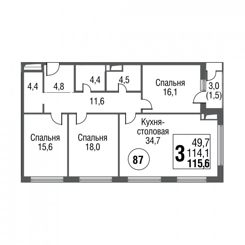 3-комнатная квартира без отделки, 115.5 м2, 19 этаж, дом сдан, ЖК Silver, корпус 3 - объявление 1172108 - фото №1