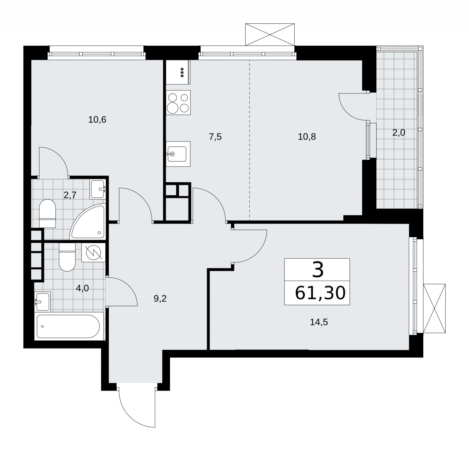 3-комнатная квартира (евро) без отделки, 61.3 м2, 7 этаж, сдача 3 квартал 2025 г., ЖК Бунинские кварталы, корпус 3.2 - объявление 2151856 - фото №1
