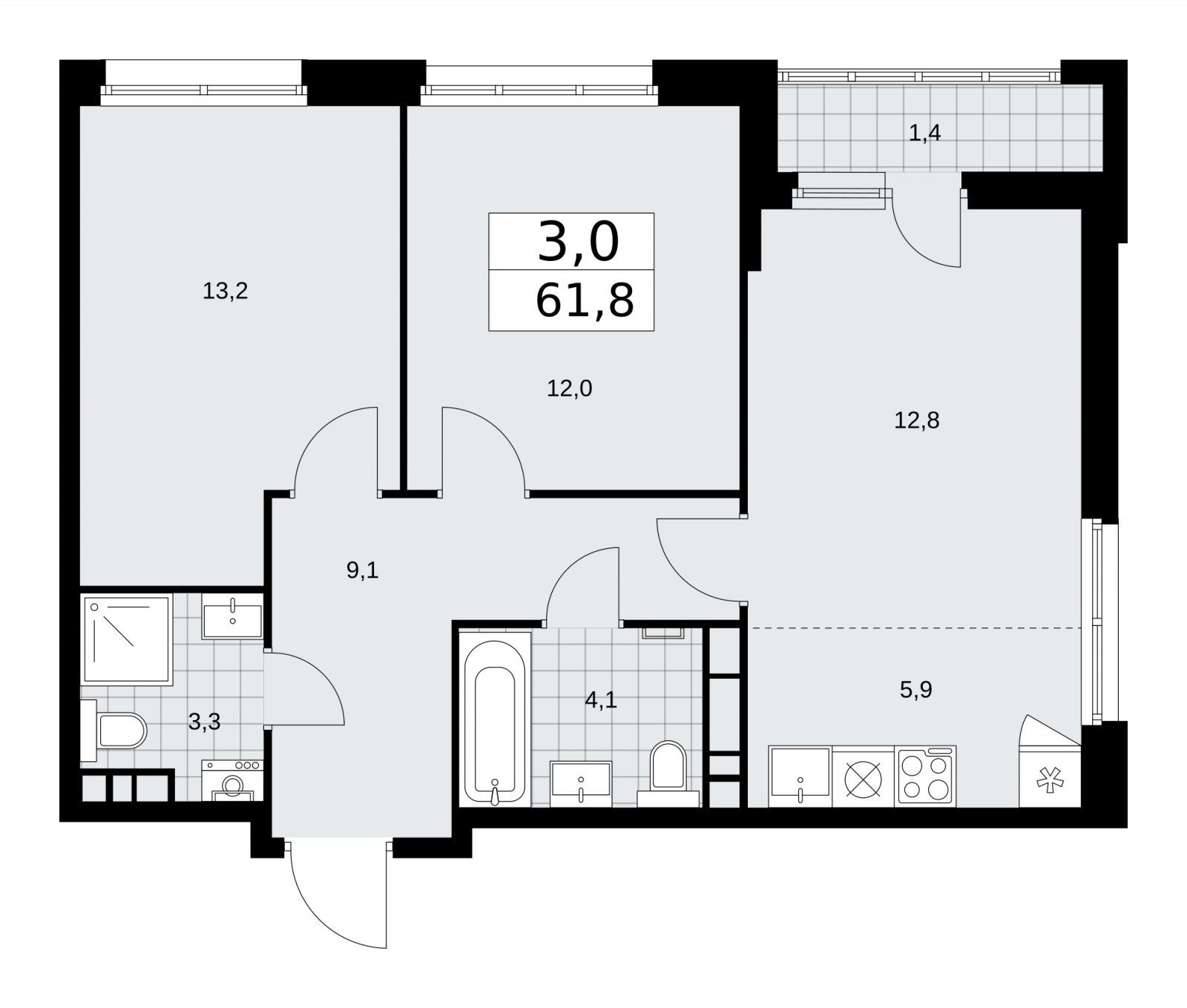 3-комнатная квартира (евро) без отделки, 61.8 м2, 9 этаж, сдача 1 квартал 2026 г., ЖК Дзен-кварталы, корпус 3.2 - объявление 2241735 - фото №1