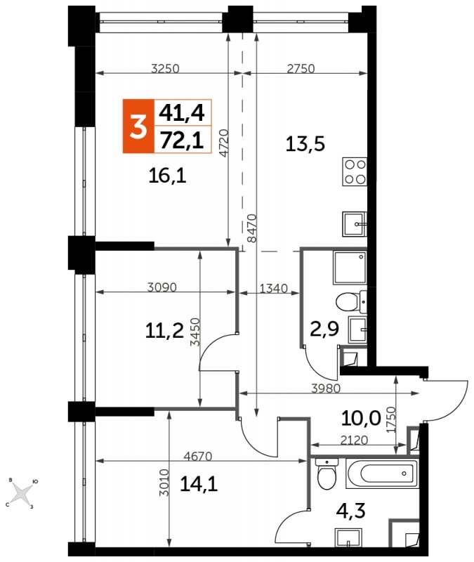 3-комнатная квартира с частичной отделкой, 72.1 м2, 43 этаж, сдача 1 квартал 2023 г., ЖК Sydney City, корпус 3 - объявление 1658326 - фото №1
