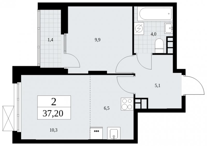 2-комнатная квартира (евро) с частичной отделкой, 37.2 м2, 10 этаж, сдача 4 квартал 2024 г., ЖК Бунинские кварталы, корпус 2.2 - объявление 1882414 - фото №1