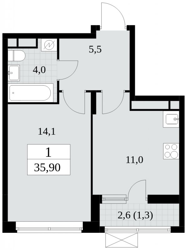 1-комнатная квартира с частичной отделкой, 35.9 м2, 14 этаж, сдача 2 квартал 2025 г., ЖК Прокшино, корпус 5.1.2 - объявление 1860190 - фото №1