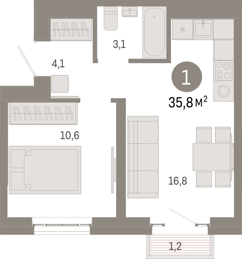 1-комнатная квартира 35.8 м2, 12 этаж, сдача 3 квартал 2026 г., ЖК Квартал Метроном, корпус 1 - объявление 2324154 - фото №1