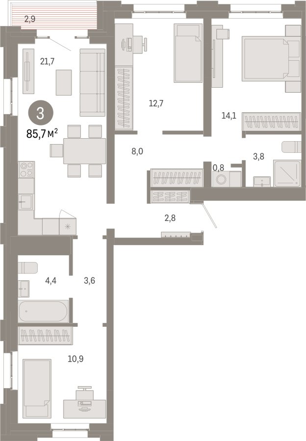 3-комнатная квартира с частичной отделкой, 85.7 м2, 4 этаж, сдача 3 квартал 2026 г., ЖК Квартал Метроном, корпус 1 - объявление 2300714 - фото №1