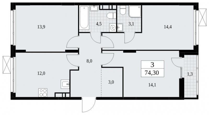 3-комнатная квартира с частичной отделкой, 74.3 м2, 7 этаж, сдача 4 квартал 2024 г., ЖК Скандинавия, корпус 35.1.1 - объявление 1981934 - фото №1