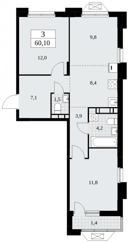 3-комнатная квартира (евро) без отделки, 60.1 м2, 7 этаж, сдача 4 квартал 2024 г., ЖК Бунинские кварталы, корпус 1.3 - объявление 1834586 - фото №1