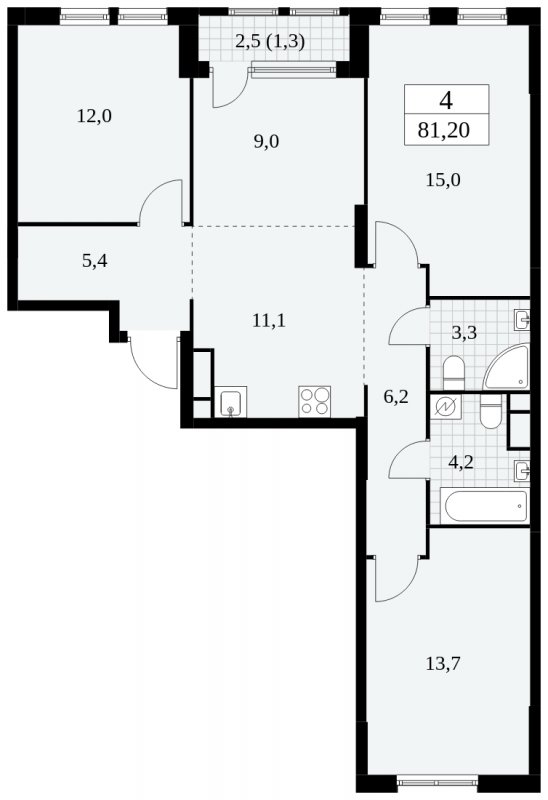4-комнатная квартира (евро) с полной отделкой, 81.2 м2, 3 этаж, сдача 2 квартал 2025 г., ЖК Южные сады, корпус 2.1 - объявление 1759933 - фото №1