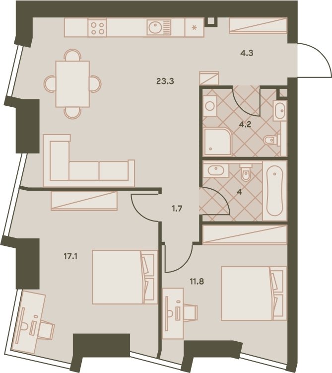 3-комнатная квартира с частичной отделкой, 66.3 м2, 14 этаж, сдача 3 квартал 2023 г., ЖК Eniteo, корпус 2 - объявление 2259043 - фото №1