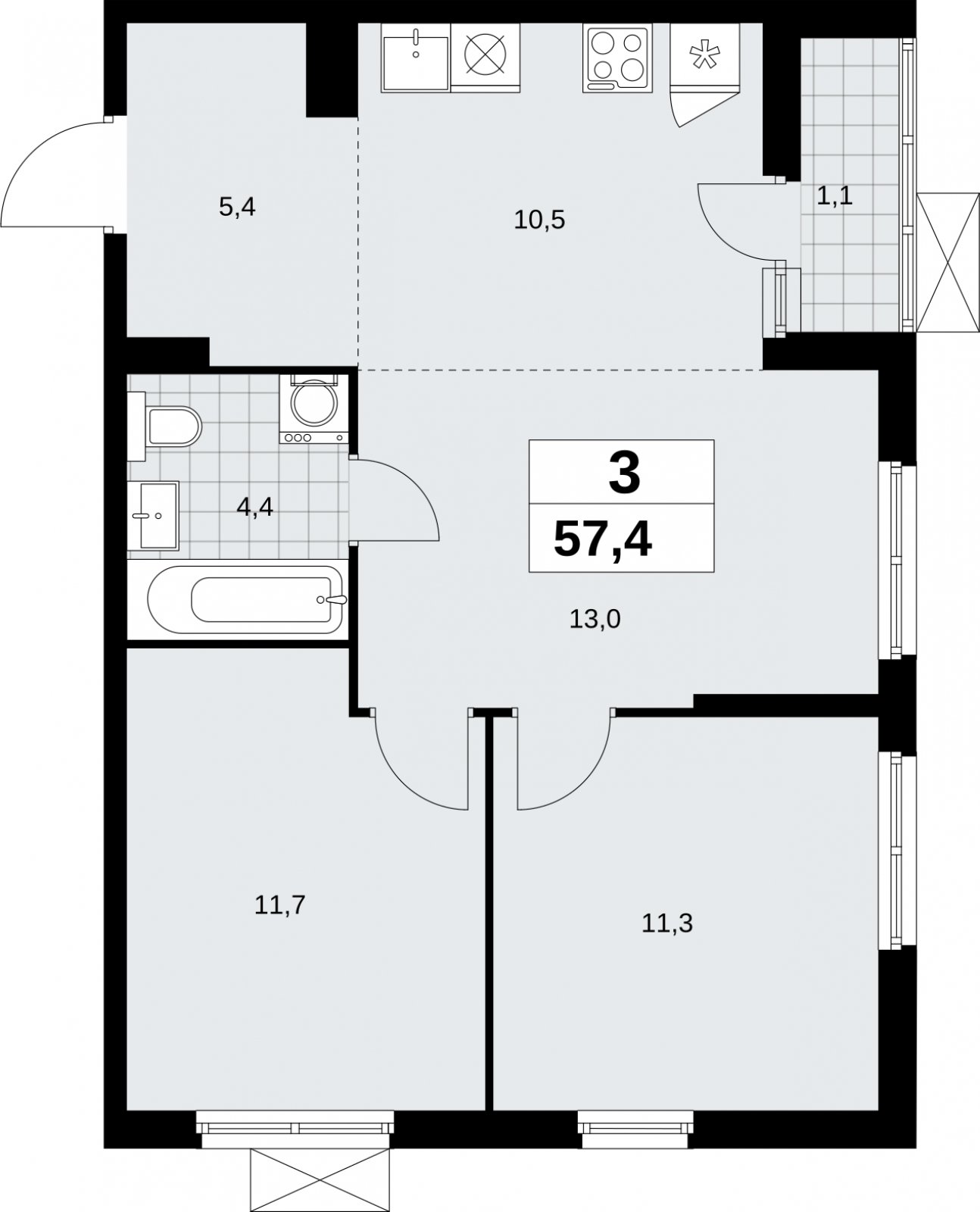 3-комнатная квартира (евро) без отделки, 57.4 м2, 6 этаж, сдача 2 квартал 2026 г., ЖК Дзен-кварталы, корпус 6.1.1 - объявление 2327159 - фото №1