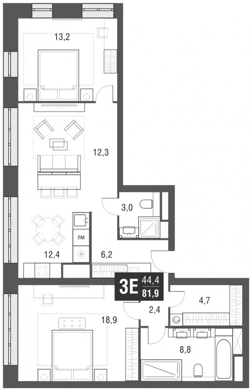 3-комнатная квартира (евро) с частичной отделкой, 81.9 м2, 6 этаж, сдача 2 квартал 2024 г., ЖК AFI Tower, корпус 1 - объявление 1930774 - фото №1