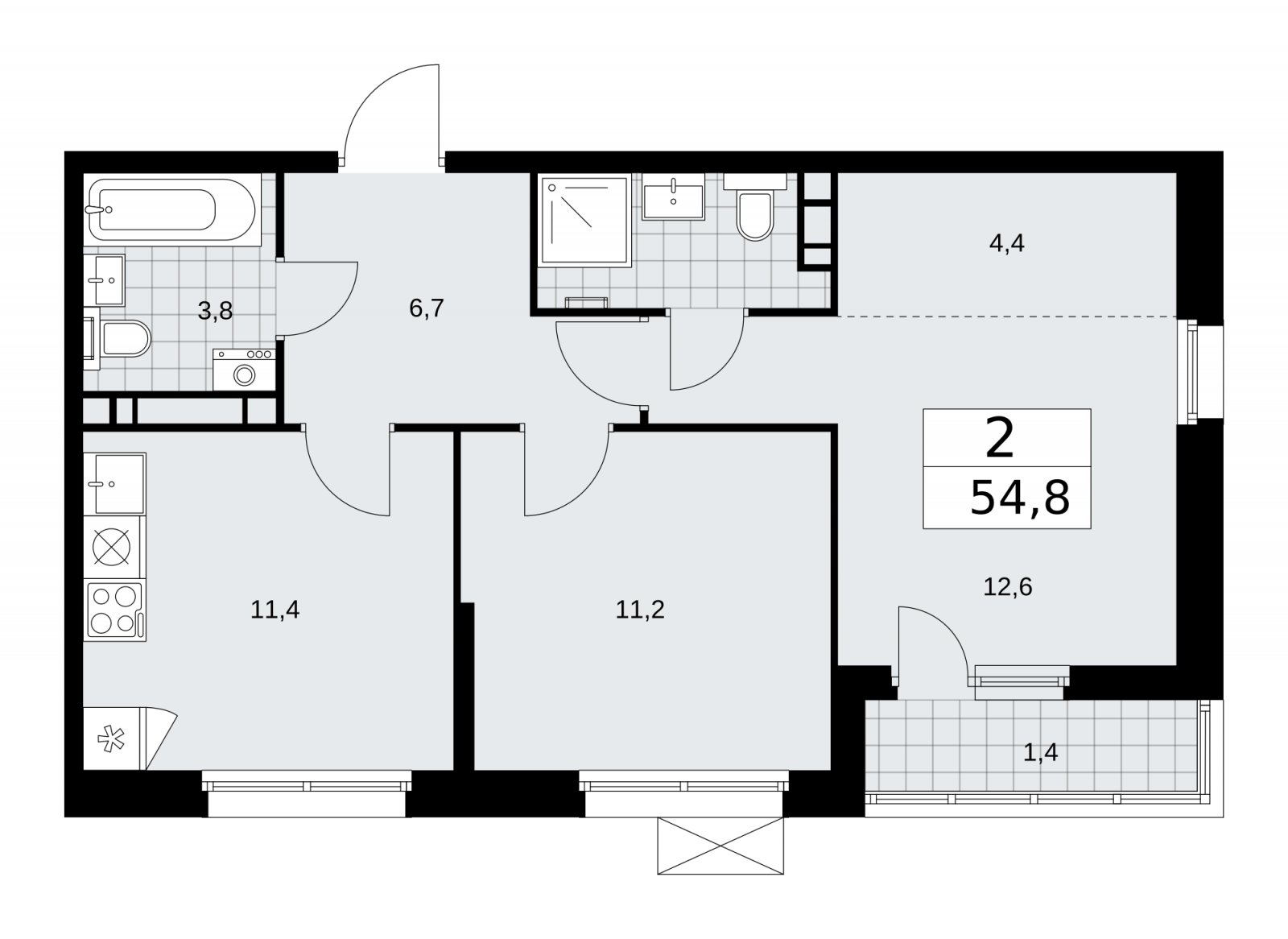 2-комнатная квартира без отделки, 54.8 м2, 10 этаж, сдача 2 квартал 2026 г., ЖК Скандинавия, корпус 25.5 - объявление 2283810 - фото №1
