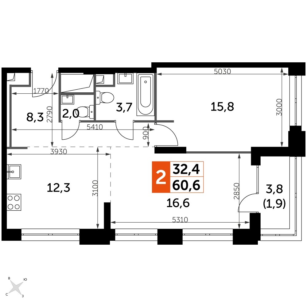 2-комнатная квартира с частичной отделкой, 60.6 м2, 16 этаж, дом сдан, ЖК Sydney City, корпус 2 - объявление 2232979 - фото №1