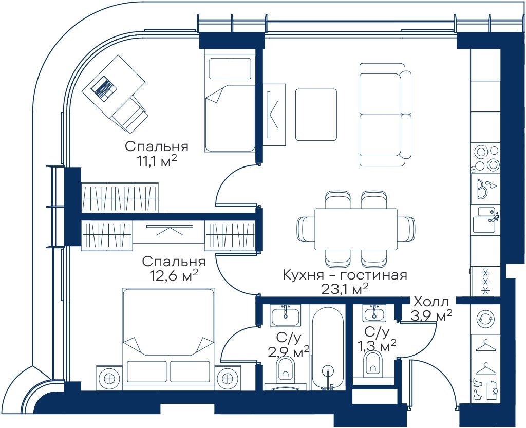 2-комнатная квартира с частичной отделкой, 54.9 м2, 41 этаж, сдача 3 квартал 2025 г., ЖК City Bay, корпус Atlantic Ocean 3 - объявление 2280076 - фото №1