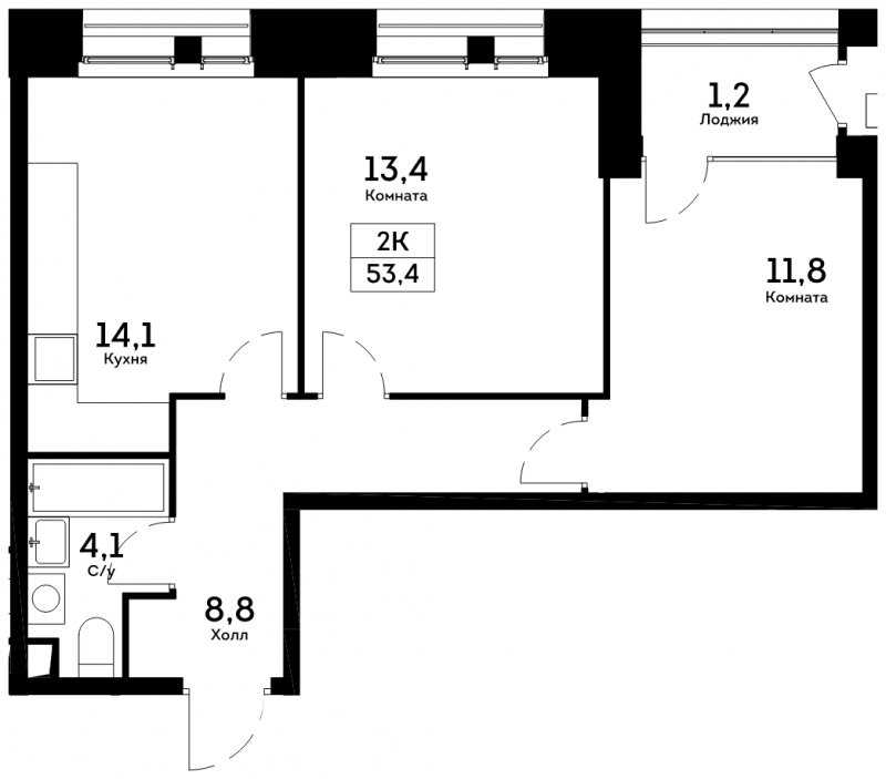 2-комнатная квартира без отделки, 53.4 м2, 4 этаж, сдача 4 квартал 2022 г., ЖК Квартал на набережной NOW, корпус 1.4 - объявление 1713289 - фото №1