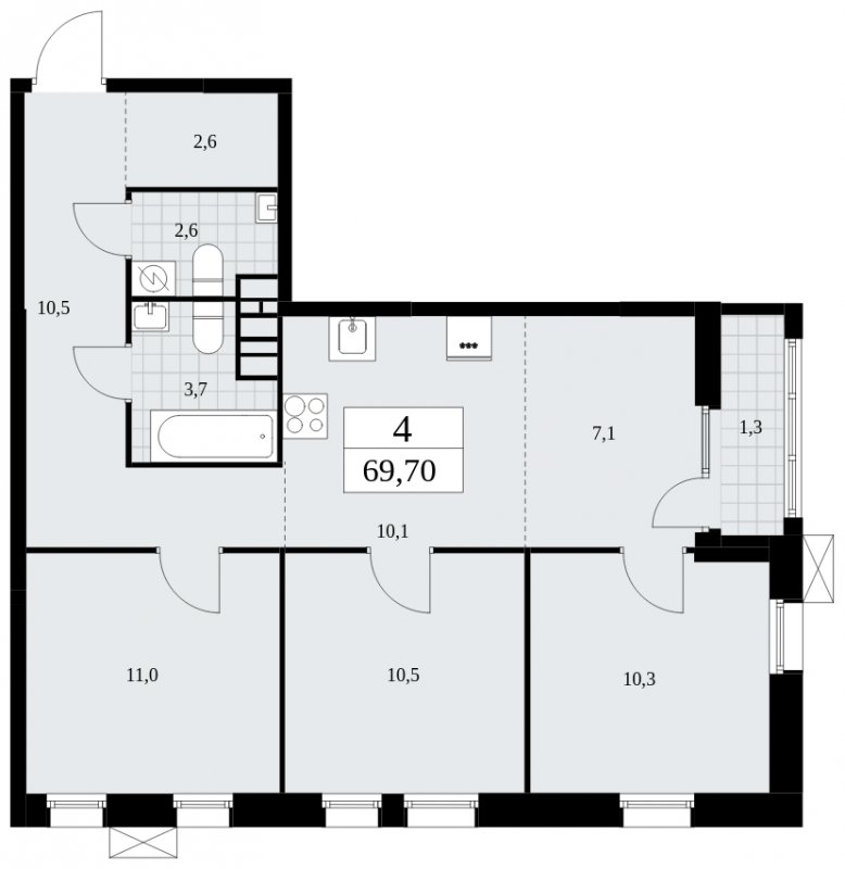 4-комнатная квартира (евро) без отделки, 69.7 м2, 6 этаж, сдача 2 квартал 2025 г., ЖК Дзен-кварталы, корпус 2.3 - объявление 1932551 - фото №1