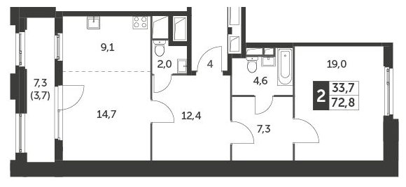 2-комнатная квартира (евро) без отделки, 72.8 м2, 5 этаж, сдача 1 квартал 2022 г., ЖК Рихард, корпус 2 - объявление 1172127 - фото №1