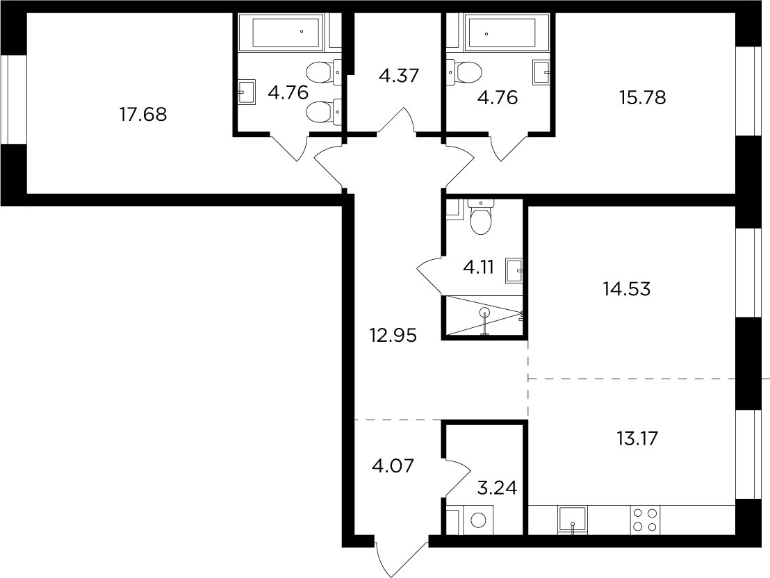 3-комнатная квартира без отделки, 99.42 м2, 14 этаж, дом сдан, ЖК FORIVER, корпус 3 - объявление 2371250 - фото №1