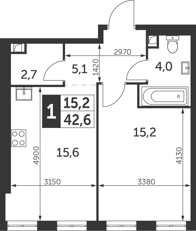 1-комнатная квартира без отделки, 42.6 м2, 37 этаж, сдача 4 квартал 2023 г., ЖК Архитектор, корпус 1 - объявление 2278668 - фото №1