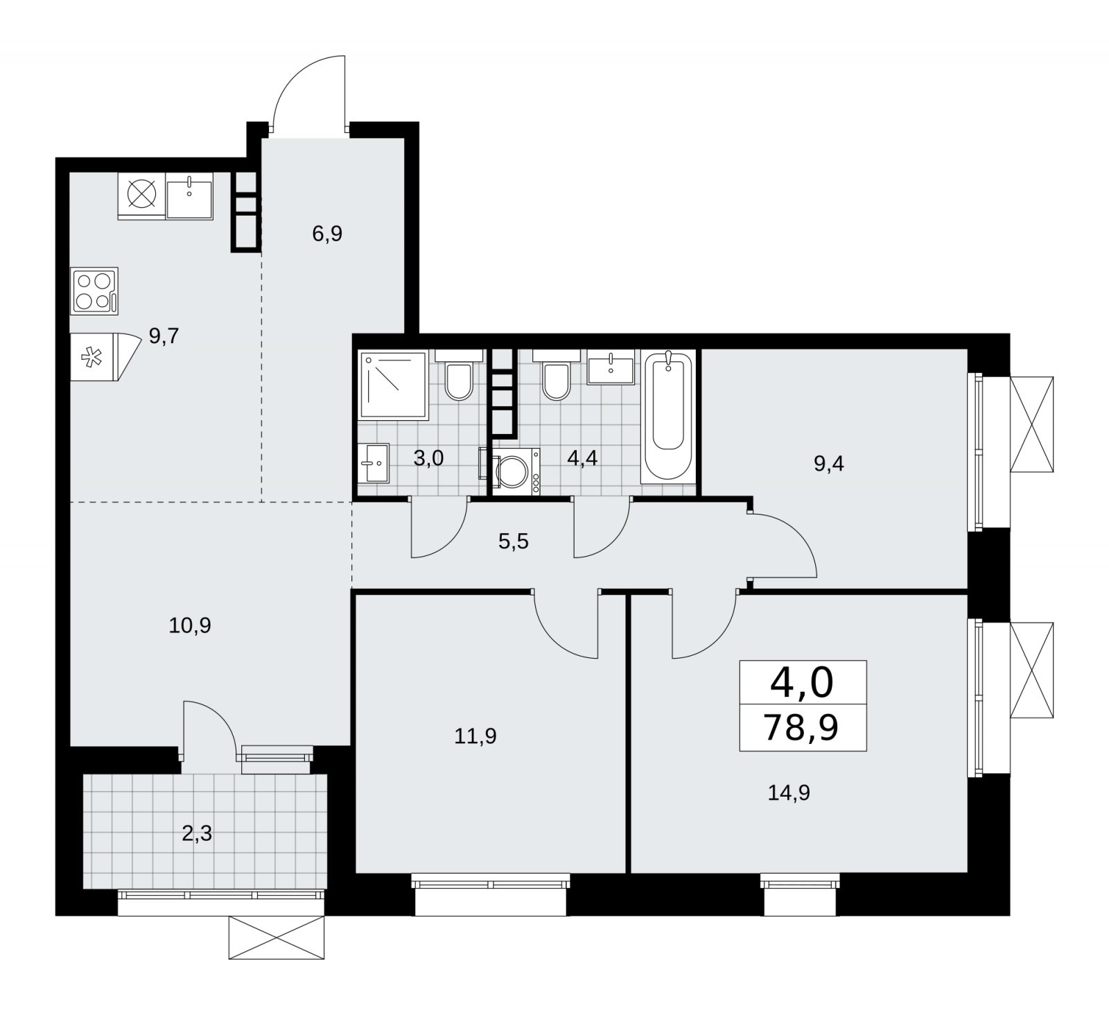 4-комнатная квартира (евро) с частичной отделкой, 78.9 м2, 12 этаж, сдача 1 квартал 2026 г., ЖК Бунинские кварталы, корпус 6.1 - объявление 2252447 - фото №1