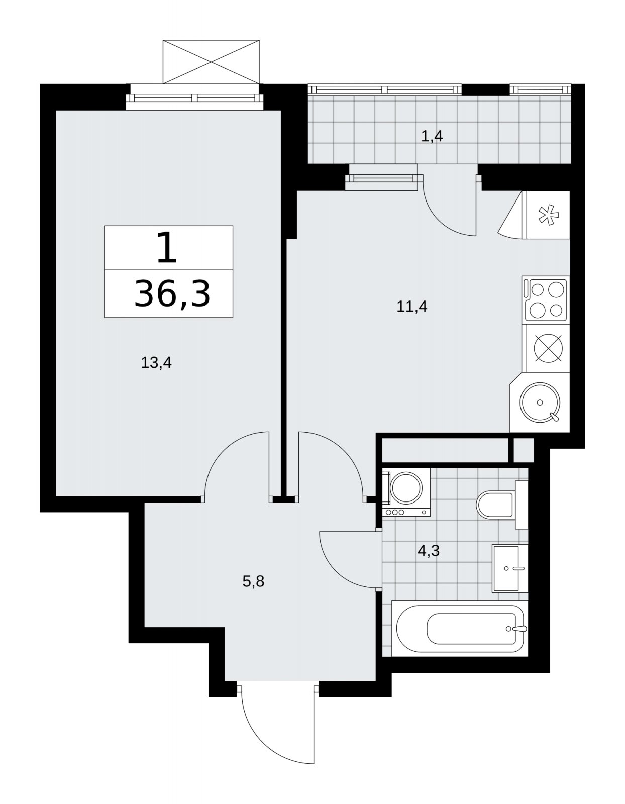 1-комнатная квартира без отделки, 36.3 м2, 13 этаж, сдача 4 квартал 2025 г., ЖК Прокшино, корпус 11.1.4 - объявление 2257690 - фото №1
