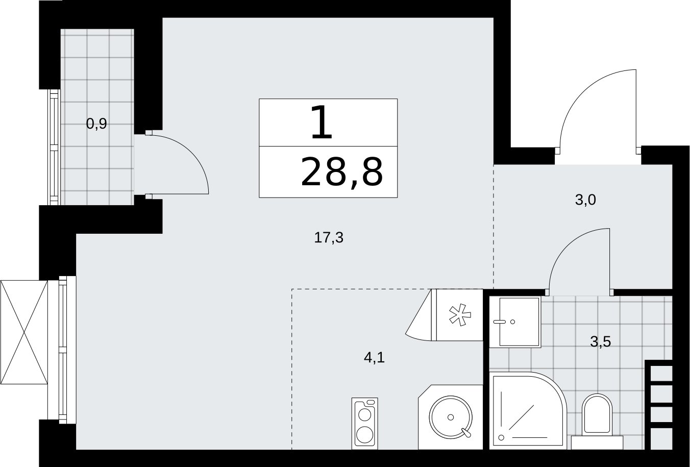 Студия с частичной отделкой, 28.8 м2, 6 этаж, сдача 2 квартал 2026 г., ЖК Бунинские кварталы, корпус 5.1 - объявление 2297218 - фото №1