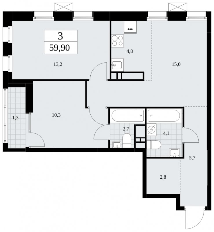 3-комнатная квартира (евро) с частичной отделкой, 59.9 м2, 15 этаж, сдача 3 квартал 2025 г., ЖК Дзен-кварталы, корпус 2.1 - объявление 1932275 - фото №1