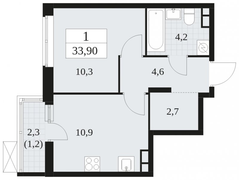 1-комнатная квартира без отделки, 33.9 м2, 6 этаж, сдача 1 квартал 2025 г., ЖК Прокшино, корпус 5.1.4 - объявление 1811030 - фото №1