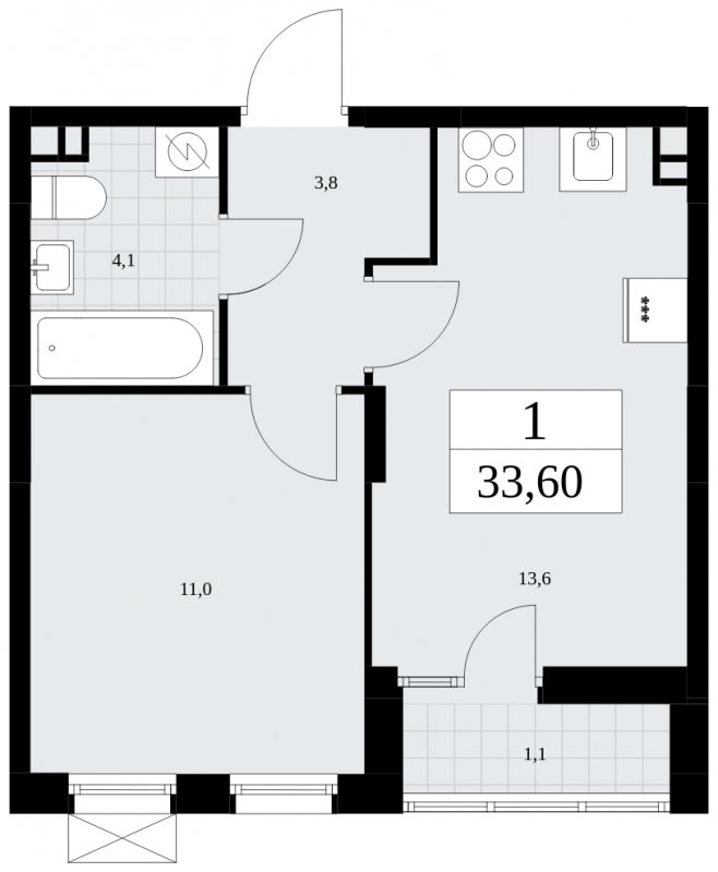 1-комнатная квартира с частичной отделкой, 33.6 м2, 3 этаж, сдача 1 квартал 2025 г., ЖК Дзен-кварталы, корпус 1.2 - объявление 1895682 - фото №1