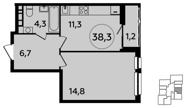 1-комнатная квартира без отделки, 38.3 м2, 15 этаж, сдача 1 квартал 2024 г., ЖК Южные сады, корпус 1.3 - объявление 1512353 - фото №1