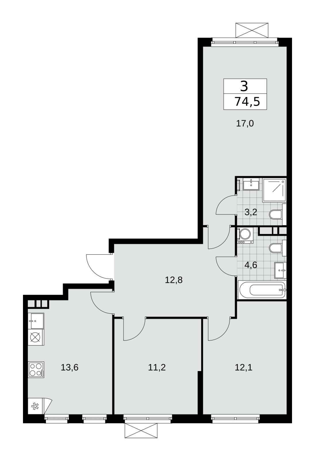 3-комнатная квартира без отделки, 74.5 м2, 4 этаж, сдача 1 квартал 2026 г., ЖК Прокшино, корпус 11.2.1 - объявление 2269779 - фото №1