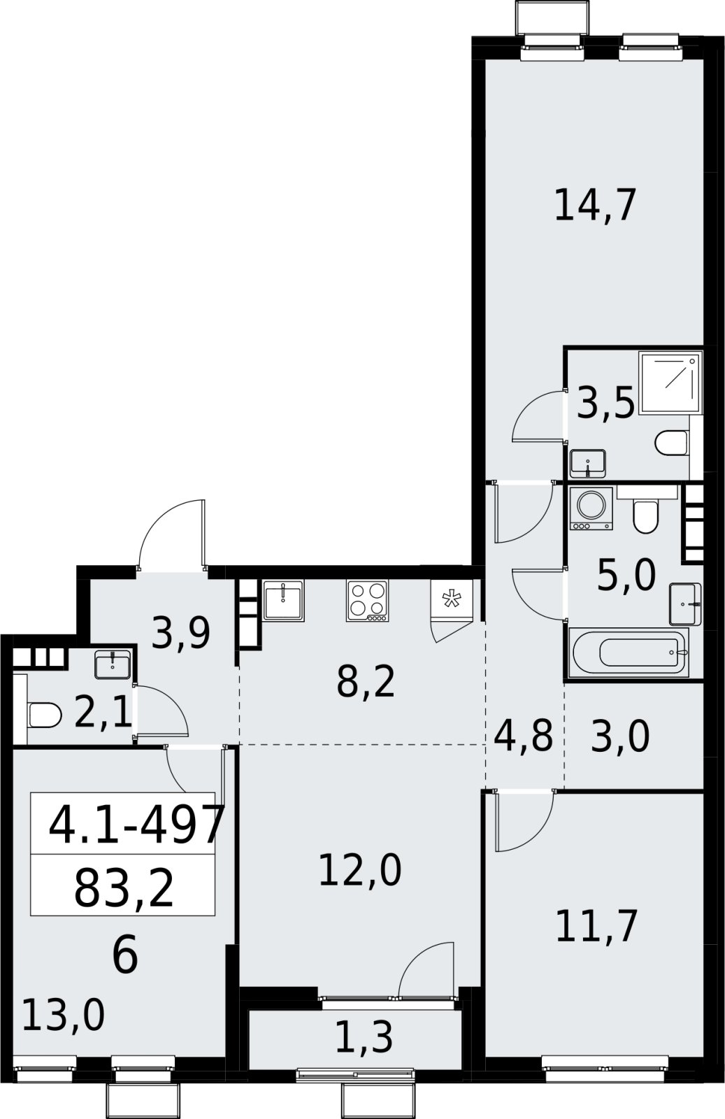 4-комнатная квартира (евро) с полной отделкой, 83.2 м2, 15 этаж, сдача 2 квартал 2027 г., ЖК Южные сады, корпус 4.1.2 - объявление 2393002 - фото №1