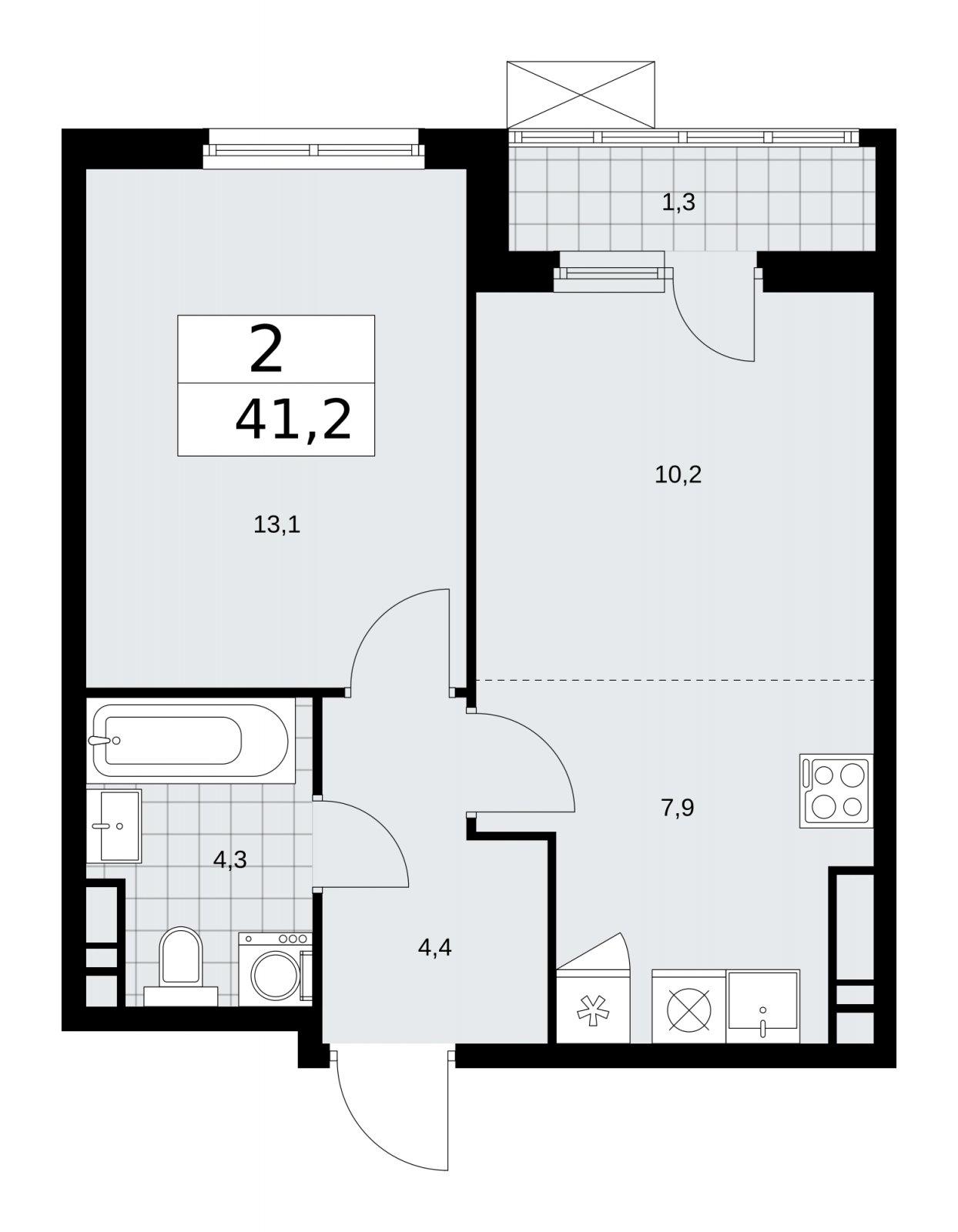 2-комнатная квартира (евро) без отделки, 41.2 м2, 13 этаж, сдача 1 квартал 2026 г., ЖК Прокшино, корпус 11.2.1 - объявление 2269831 - фото №1
